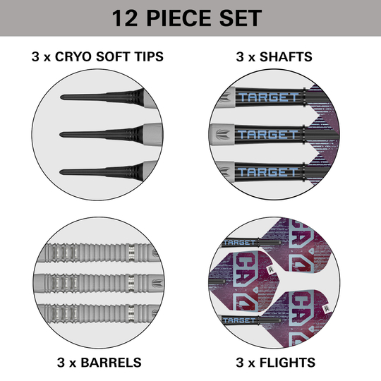 Target Cryo 13 Miękkie rzutki Hier sieht man die Target Cryo 13 Softdarts. Das Produkt ist detailliert fotografiert, damit die Qualität erkennbar ist.