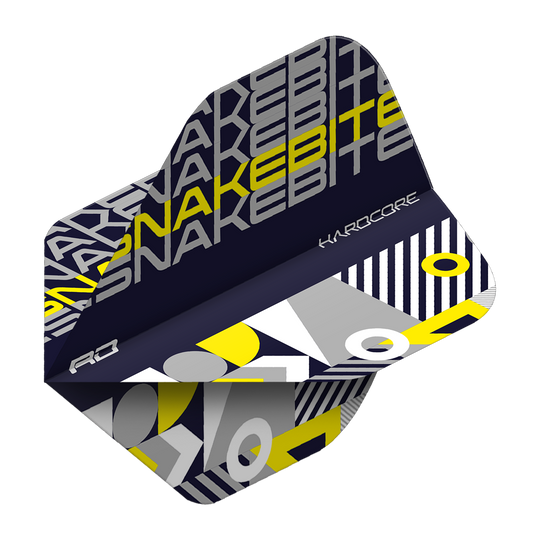 Das Bild zeigt ein Dart Flight mit dem Aufdruck "SNAKEBITE" in Schwarz, Gelb und Grau. Das Design ist modern und kombiniert geometrische Muster mit auffälligen Farben.