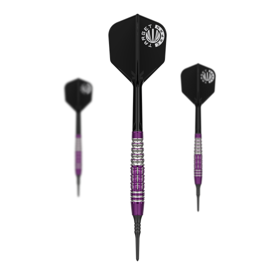 Das Bild zeigt drei Softdarts der Serie „Target Japan Prime Series Tung Suk Zenith GEN1“ mit einem Gewicht von 19g. Die Darts haben schwarze Flights und ein silber-lila gestreiftes Barrel.