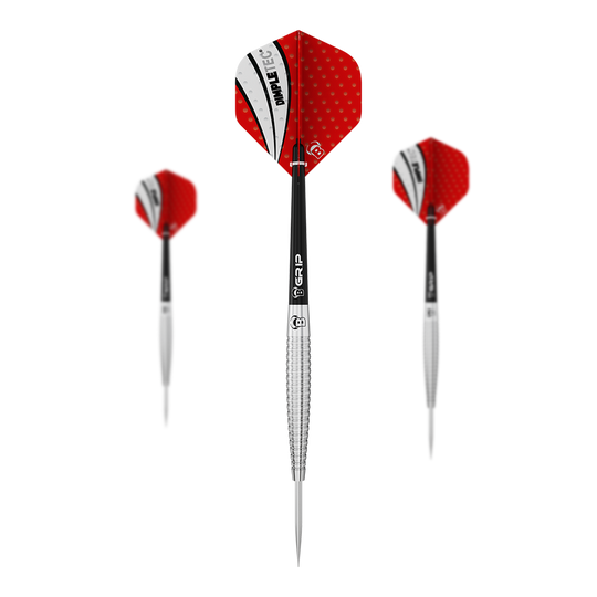 Stalowe lotki Bulls Dot D6 Das Bild zeigt drei Steeldarts mit roten Flights und silbernen Spitzen. Die Flights haben ein weiß-schwarzes Muster mit dem Aufdruck "PIMPLETEC".