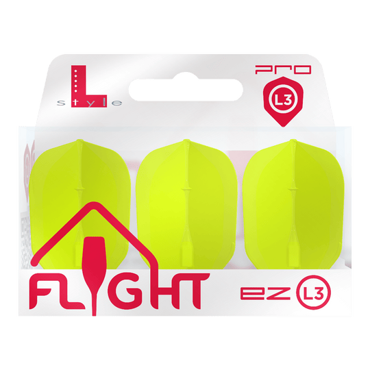Loty L-L-Style3EZ Das Bild zeigt eine Packung mit drei neon-gelben Dart-Flights der Marke L-Style. Auf der Verpackung steht „FLIGHT ez L3 Pro“.