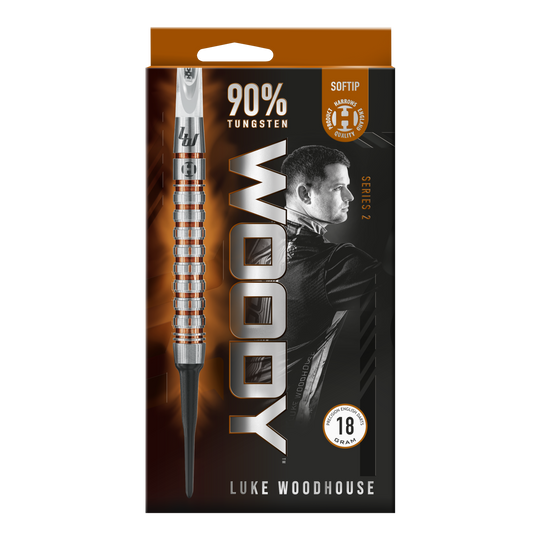 Harrow's Luke Woodhouse Series 2 Soft Darts - 18g Die Verpackung zeigt die Harrows Luke Woodhouse Series 2 Softdarts mit einem Gewicht von 18 Gramm. Auf der Vorderseite ist ein großes Bild eines Softdarts sowie das Porträt von Luke Woodhouse abgebildet.