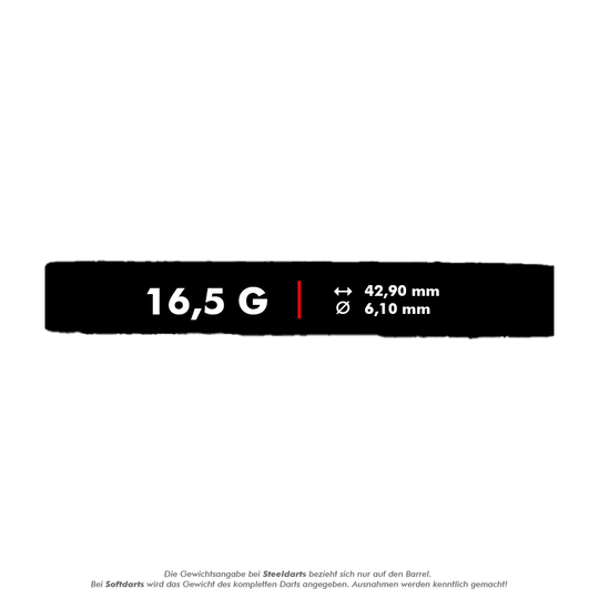 Lotki miękkie McDart 85 Tungsten V16 - 16,5 g Das Bild zeigt die Eigenschaften des Produkts "McDart 85er Tungsten V16 Softdarts - 16,5g". Angegeben sind das Gewicht von 16,5 Gramm, eine Länge von 42,90 mm und ein Durchmesser von 6,10 mm.