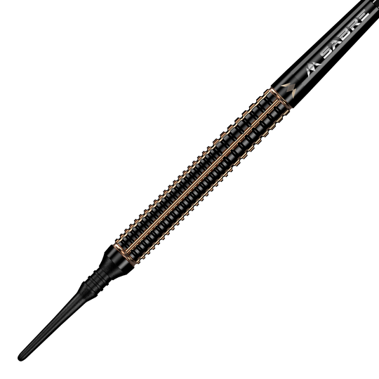 Miękkie lotki Mission Scorpion - 19g Das Bild zeigt einen Mission Scorpion Softdart mit einem Gewicht von 19 Gramm. Der Dart hat ein elegantes, schwarzes Design mit goldfarbenen Akzenten.