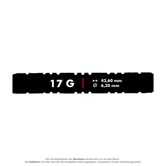 Lotki miękkie McDart 85 Tungsten V2 - 17g Das Bild zeigt die Produktdaten für die McDart 85er Tungsten V2 Softdarts mit einem Gewicht von 17 Gramm. Die Darts haben eine Länge von 43,60 mm und einen Durchmesser von 6,30 mm.