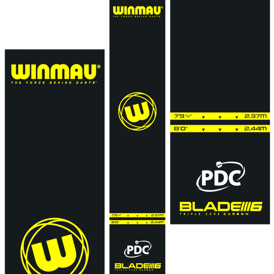 Mata do rzutek Winmau Pro-Zone Essential PVC Das Bild zeigt die Winmau Pro-Zone Essential PVC Dartmatte mit auffälligen gelben Logos und Markierungen. Die Matte zeigt Abwurflinien in den Längen 2,37 m und 2,44 m sowie die Logos von Winmau, PDC und Blade 6.
