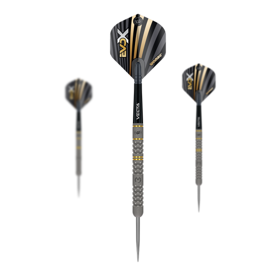 Stalowe rzutki Winmau Michael Van Gerwen Evo-X Das Bild zeigt drei Winmau Michael Van Gerwen Evo-X Steeldarts mit schwarzer und goldener Optik. Die Darts haben ein modernes Design und sind in einer Vorder- und zwei Seitenansichten dargestellt.