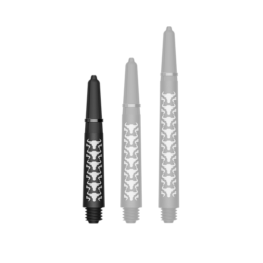 Das Bild zeigt einen kurzen weißen Carbon Shaft für Darts. Der Schaft ist etwa 34 mm lang und aus Kohlefaser.