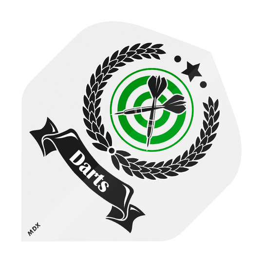 MD-401-4SLog_4-seitig_Bedruckte_Flights_Logo_MDX_2 Das Bild zeigt ein Dart-Flight mit einem grünen Zielscheiben-Motiv und zwei darauf gerichteten Dartpfeilen. Drumherum ist ein Lorbeerkranz sowie ein schwarzes Banner mit der Aufschrift „Darts“ abgebildet.