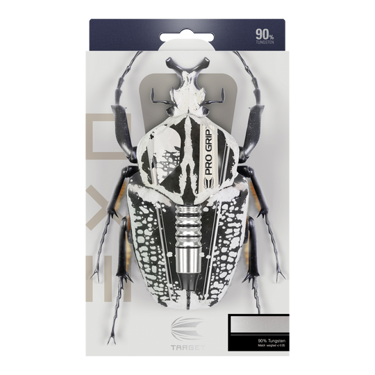 Target EXO 10 miękkich rzutek Die Verpackung zeigt die Target EXO 10 Softdarts, bei denen ein Dartpfeil kreativ als Teil eines Käfers dargestellt ist. Oben steht, dass die Darts aus 90 % Tungsten bestehen.