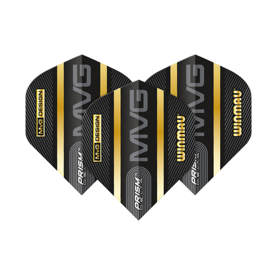 6915-238_Winmau_Prism_Delta_MvG_Standard_Flights_1bEv34SZ2YXrGd Das Bild zeigt drei Winmau Prism Delta MvG Standard Flights für Darts. Die Flights sind schwarz mit goldenen und silbernen Streifen sowie mit den Aufdrucken "MVG", "WINMAU" und "PRISM DELTA".