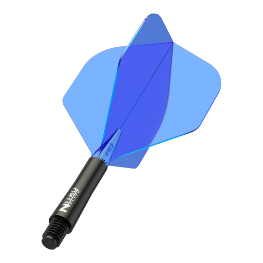 Red Dragon Nitroflite - Czarny trzonek niebieski nr 2 Loty Auf dem Bild ist ein blauer Dartflug mit schwarzem Schaft zu sehen. Der Schaft trägt die Aufschrift "Nitro Flite".