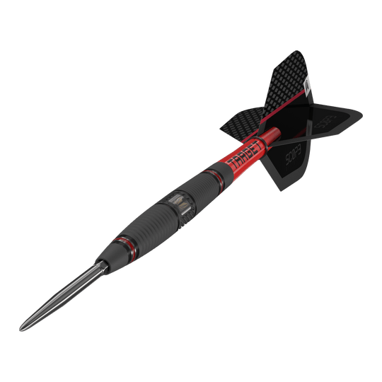 Stalowe lotki Target Scope 04 Swiss Point Das Bild zeigt den Target Scope 04 Swiss Point Steeldart. Der Dart hat ein schwarz-rotes Design mit geriffeltem Griff und einer metallischen Spitze.