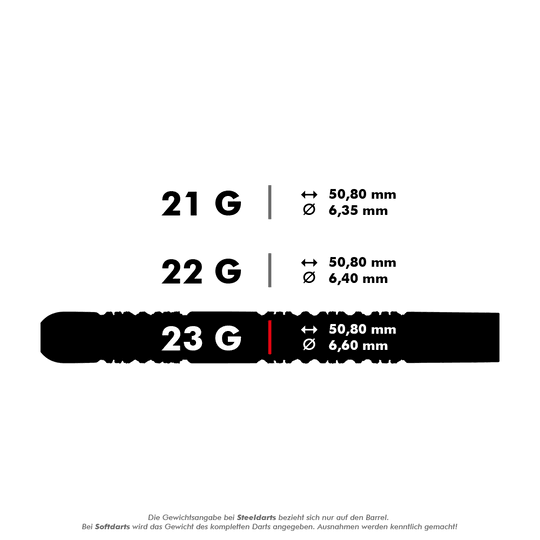 Das Bild zeigt die technischen Daten von Steeldarts in drei verschiedenen Gewichtsklassen: 21 g, 22 g und 23 g. Die Länge beträgt jeweils 50,80 mm, während der Durchmesser je nach Gewicht zwischen 6,35 mm und 6,60 mm variiert.
