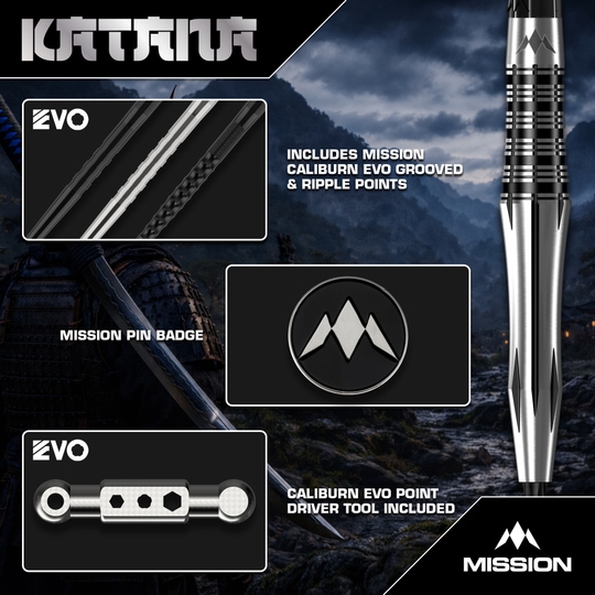Lotki stalowe Mission Katana Mission Katana Steeldarts sind hochwertige Steeldarts. Auf dem Bild ist das Produkt aus nächster Nähe zu sehen.