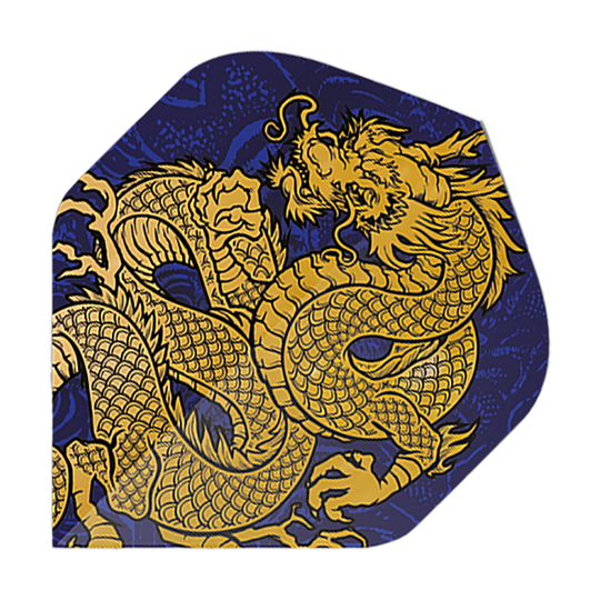 Pentathlon Flights Dragon niebieski Das Bild zeigt ein Dart-Flight mit einem goldenen Drachenmotiv auf dunkelblauem Hintergrund. Es handelt sich um das Produkt "Pentathlon Dragon 4 Standard Flights".