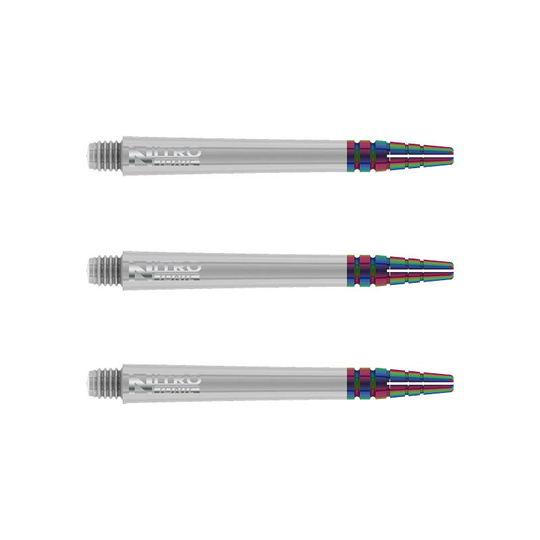 Das Bild zeigt drei weiße RedDragon Nitrotech Ionic Shafts nebeneinander. Die Enden der Shafts sind mit einem bunten, metallischen Muster versehen.