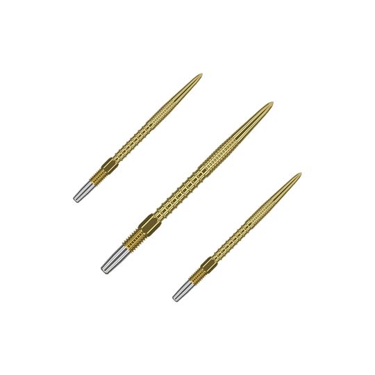 Końcówki do lotek Target Swiss Firepoint Gold Das Bild zeigt drei goldfarbene Dartspitzen mit silbernem Gewinde am Ende. Sie sind schlank und haben eine strukturierte Oberfläche für besseren Halt.