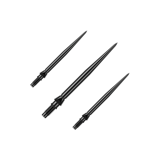 Końcówki do lotek Winmau Switch Point Smooth Steel – czarne Auf dem Bild ist ein Set schwarzer glatter Steeldartspitzen von Winmau zu sehen. Die Spitzen sind 26mm lang.