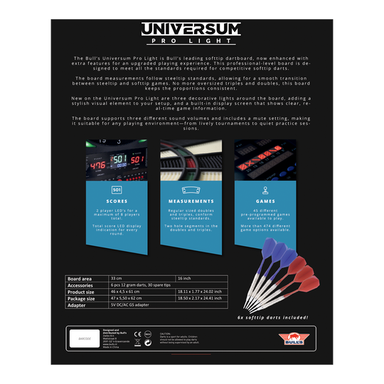 Auf dem Bild ist das Bulls NL Universum Pro Light Elektronisches Dartboard - Blau Rot zu sehen. Es eignet sich perfekt für Darts-Spiele zu Hause.