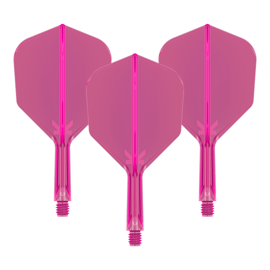 System lotu Target K-Flex No6 – neonowy róż Das Bild zeigt drei neonpinke Dart-Flights mit angesetzten Schäften. Sie sind nebeneinander angeordnet und haben ein transparentes Design.