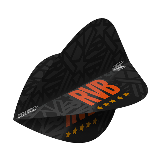 Targetuj w loty latawcem UltraGhost Raymond Van Barneveld GEN2 Das Bild zeigt das Produkt "Target UltraGhost Raymond Van Barneveld GEN2 Kite Flights". Die Dartflights sind schwarz mit orangenen Buchstaben "RVB" und gelben Sternen bedruckt.