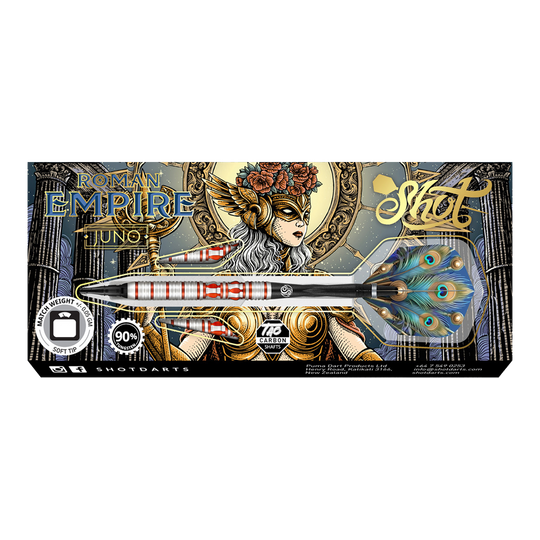 Miękkie lotki Shot Roman Empire Juno Das Bild zeigt die Verpackung der Shot Roman Empire Juno Softdarts. Auf der Verpackung ist ein kunstvolles Design mit einer Kriegerin und auffälligen Farben abgebildet.