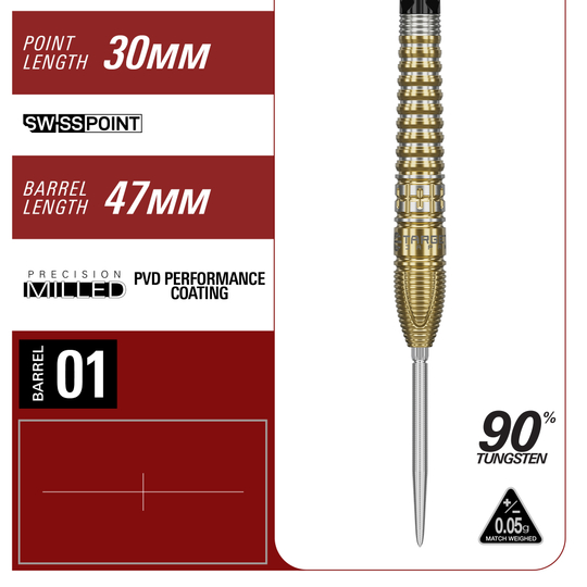 Dieses Bild zeigt die Target Japan Prime Series Harith Lim HotShot GEN3 Swiss Point Steeldarts. Die Darts bieten optimale Kontrolle und ein edles Design.