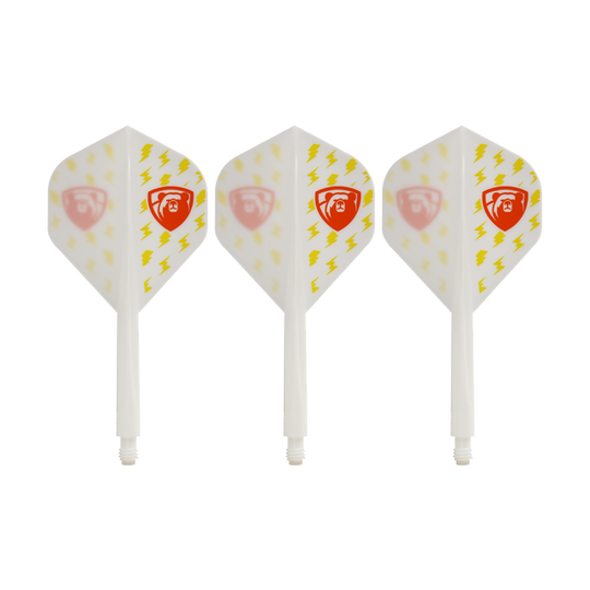 System lotu Condor AX Thunderbolt White – standardowy Das Bild zeigt drei weiße Dartflights des Condor AXE Thunderbolt White Flight-Systems in Standardform. Die Flights sind mit gelben Blitzen und einem roten Schild-Logo verziert.