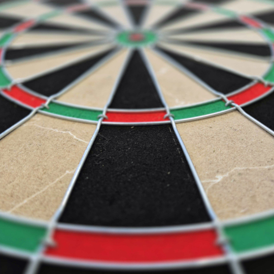 Zestaw tarcz stalowych Target Dimitri Van Den Bergh Das Bild zeigt eine Nahaufnahme eines Steeldartboards mit schwarz, beige, rot und grün markierten Segmenten. Besonders gut zu erkennen sind die Drähte, die die Felder voneinander trennen.