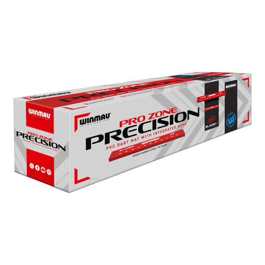 Mata do rzutek Winmau Pro-Zone Precision Blade 6 z oche Die Abbildung zeigt die Verpackung der "Winmau Pro-Zone Precision Blade 6 Dartmatte mit Oche". Auf der Verpackung steht, dass es sich um eine PVC-Dartmatte mit integriertem Oche handelt.