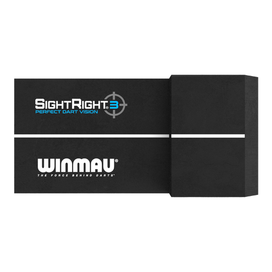 Winmau SightRight 3 - Kompaktowy Das Bild zeigt das Produkt "Winmau SightRight 3 - Compact" zur Perfektionierung des Dart-Zielens. Es ist schwarz mit einem weißen Streifen und dem Winmau-Logo darauf.
