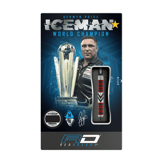 RD2567_Red_Dragon_Gerwyn_Price_Firebird_Steeldarts_3 Das Bild zeigt die Verpackung der "Red Dragon Gerwyn Price Firebird Steeldarts". Auf der Verpackung sind ein Dartpfeil, ein Pokal und ein Porträt von Gerwyn Price abgebildet.