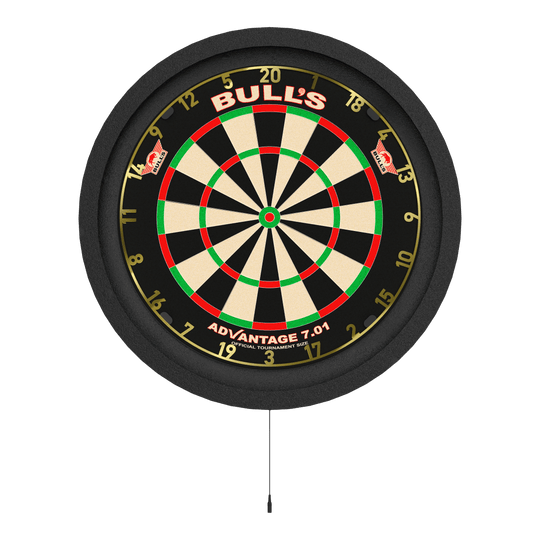 System oświetlenia przestrzennego Bulls NL Lumo 2 Light Das Bild zeigt eine Dartscheibe mit einer runden, beleuchteten Umrandung. Es handelt sich um das Produkt „Bulls NL Lumo 2 Light Surround Beleuchtungssystem“.