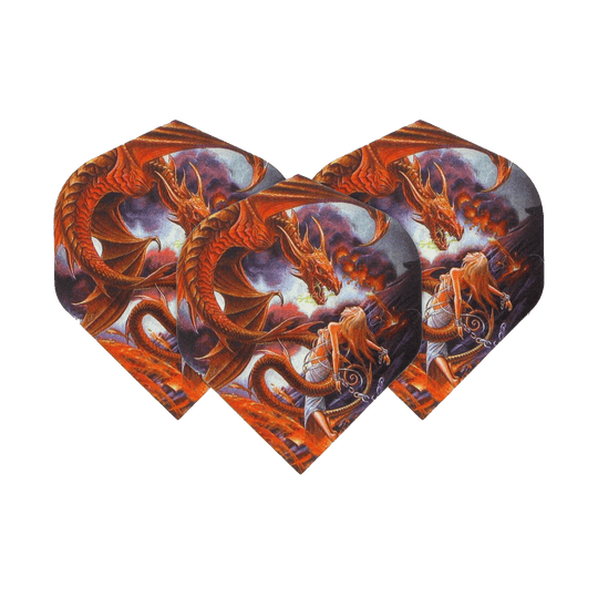 Alchemy Forge Of Vesuvius No2 Standard Flights Das Bild zeigt drei Dart-Flights mit einem fantasievollen Drachenmotiv. Auf den Flights ist ein roter Drache über einer Frau und feuriger Landschaft abgebildet.