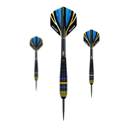 Rzutki Red Dragon Luke Humphries World Champion Brass Steel Das Bild zeigt drei Luke Humphries World Champion Brass Steeldarts von Red Dragon. Die Darts haben schwarze, blaue und gelbe Akzente sowie auffällige Flights mit blauem Muster.