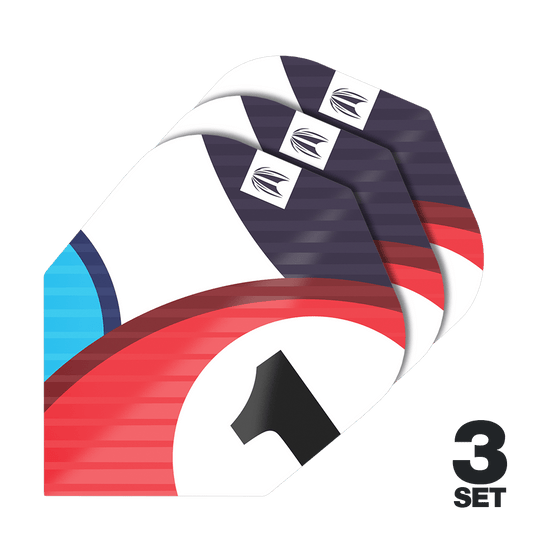 Lotki Target Pro Ultra Chicane Blue No6 - 3 zestawy Das Bild zeigt drei Sets von Target Pro Ultra Chicane Blue No6 Flights für Darts. Auf den Flights sind rote, blaue und schwarze Designelemente sowie die Zahl 1 zu sehen.