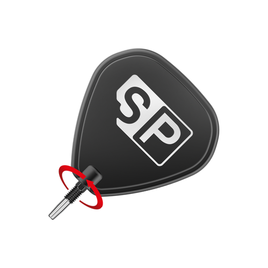 Końcówki do lotek Target Swiss Point RVE – czarne Das Bild zeigt eine schwarze Dartspitze mit der Aufschrift "SP" in Weiß. Ein roter Pfeil deutet auf die Richtung hin, in der die Spitze eingedreht werden soll.