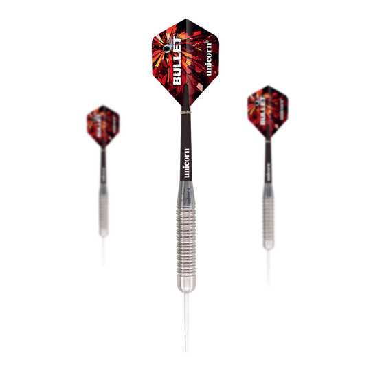 Das Bild zeigt drei Steeldarts des Modells "Unicorn Bullet Gary Anderson - 22g". Die Darts haben silberne Spitzen, geriffelte Griffe und rot-schwarze Flights mit der Aufschrift "BULLET".