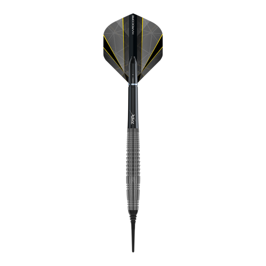 Das Bild zeigt einen "Red Dragon Seren 4 Onyx Softdart" mit einem Gewicht von 20g. Der Dart ist schwarz-grau und hat gelbe Akzente auf den Flights.