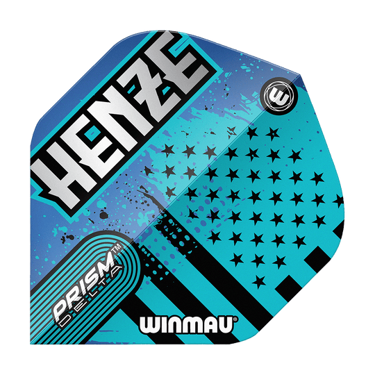 Loty standardowe Winmau Prism Delta Rick Henze Das Bild zeigt ein Winmau Prism Delta Rick Henze Standard Flight in blau-schwarzem Design. Auf dem Flight stehen die Wörter "HENZE", "PRISM DELTA" und "WINMAU".