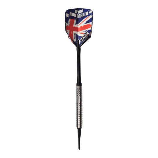 Lotki McDart 85 Tungsten V5 Soft Darts - 16g Auf dem Bild ist ein Softdart namens "McDart 85er Tungsten V5" mit einem Gewicht von 16g zu sehen. Der Flight zeigt das Design der australischen Flagge und die Aufschrift "Team Australia".