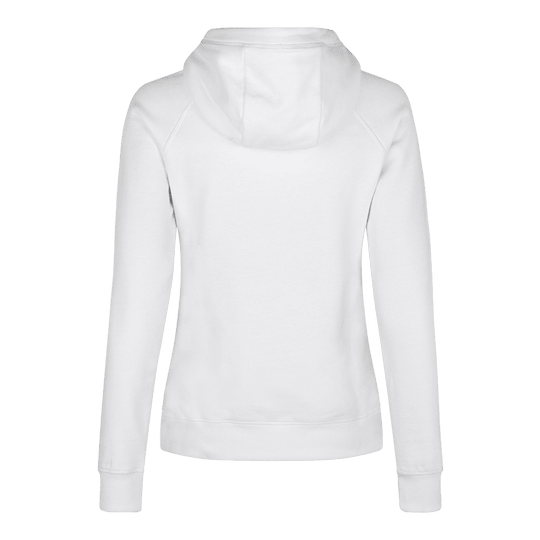 Damska bluza z kapturem Barrels and Shafts – biała Dies ist ein weißer Damen-Hoodie, der von hinten zu sehen ist. Das schlichte Design zeigt lange Ärmel und eine Kapuze.