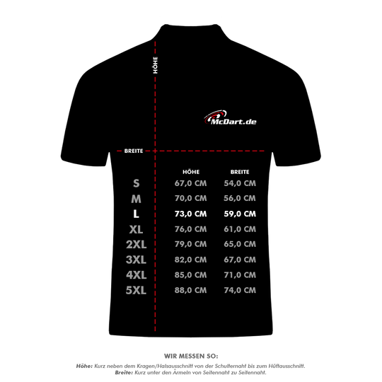 HRS-26036Harrows_Paragon_Dartshirts_5_LHlpblGb6UzGC4 Das Bild zeigt eine Maßtabelle für das Produkt "Harrows Paragon Dartshirt - Grün". Die Tabelle gibt die Höhe und Breite des Shirts in verschiedenen Größen von S bis 5XL an.