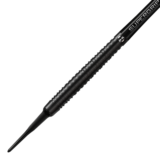 Miękkie lotki Harrows NX90 Black Edition Dieses Bild zeigt den Harrows NX90 Black-Edition Softdart. Der Dart ist komplett schwarz und hat eine geriffelte, griffige Oberfläche.