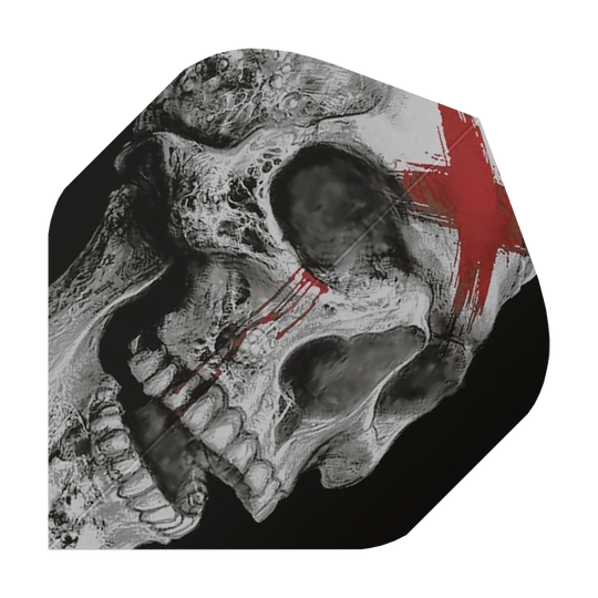 ALC20_Alchemy_Bring_Out_Your_Dead_Standard_Flights_1 Das Bild zeigt eine Dart-Flightscheibe mit einem detaillierten Totenkopf-Design. Auf dem Totenkopf ist ein rotes Kreuz mit verlaufenden Linien zu sehen.