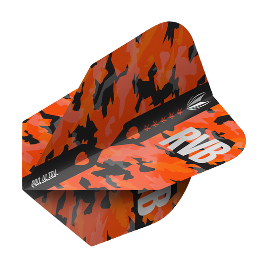 TG66_334410_Target_ProUltra_Barney_Army_Camo_Ten-X_Flights_2 Das Bild zeigt ein Dart Flight mit einem auffälligen orange-schwarzen Camouflage-Muster. Auf dem Flight stehen die Buchstaben "RVB" und das Produkt heißt "Target ProUltra Barney Army Camo Ten-X Flights".