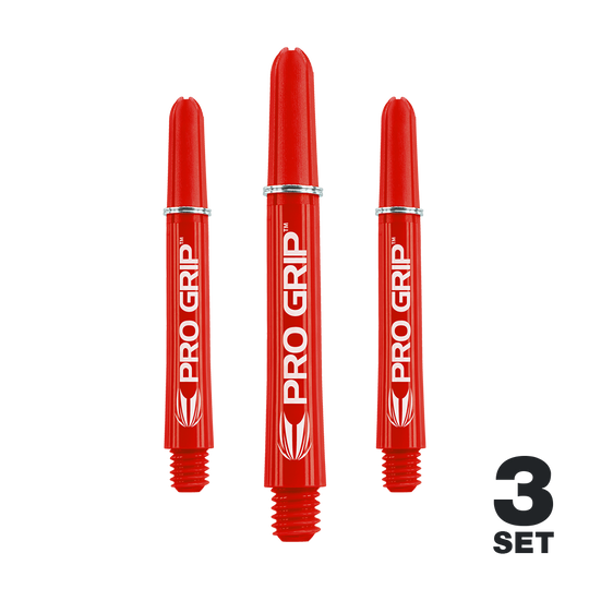 Wałki Target Pro Grip - 3 zestawy - czerwone Auf dem Bild sind drei rote PRO GRIP Shafts für Darts zu sehen. Unten rechts steht "3 SET," was darauf hinweist, dass es sich um ein Set mit drei Stück handelt.