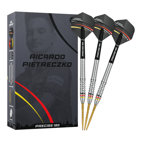 Precise 180 Ricardo Pietreczko GEN1 steel darts Vollansicht der Precise 180 Ricardo Pietreczko GEN1 Steeldarts. Diese Darts sind für Präzision und Kontrolle entwickelt.