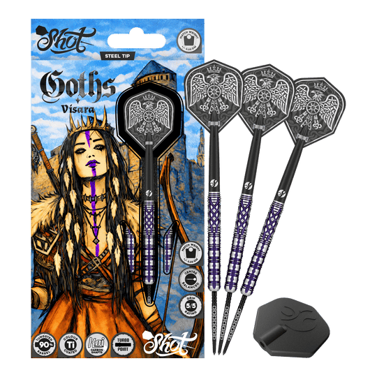 Lotki Shot Goths Visara Turbo Point Steel Darts - 23g Das Produkt zeigt die Shot Goths Visara Turbo Point Steeldarts - 23g in voller Ansicht. Diese Steeldarts stehen für Qualität und Zuverlässigkeit beim Dartspiel.